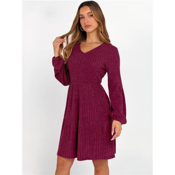 Women's Long Sleeve Ribbed Knit Flowy Swing Red - Picture 3 of 6